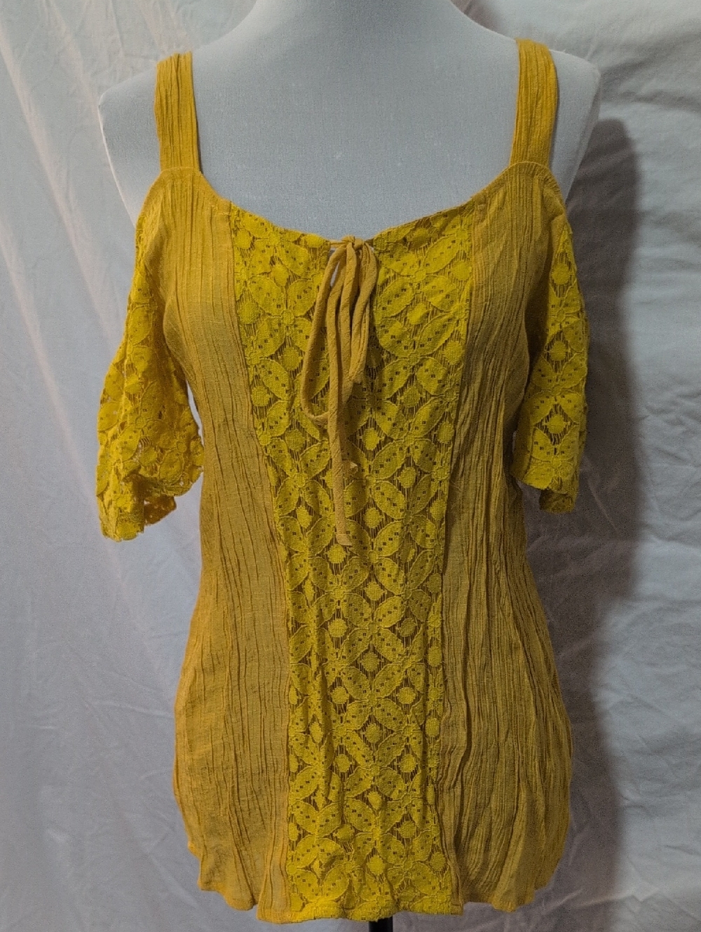 PerSeption Concept Mustard Yellow Cold-Shoulder Crochet Tie-Front Tank